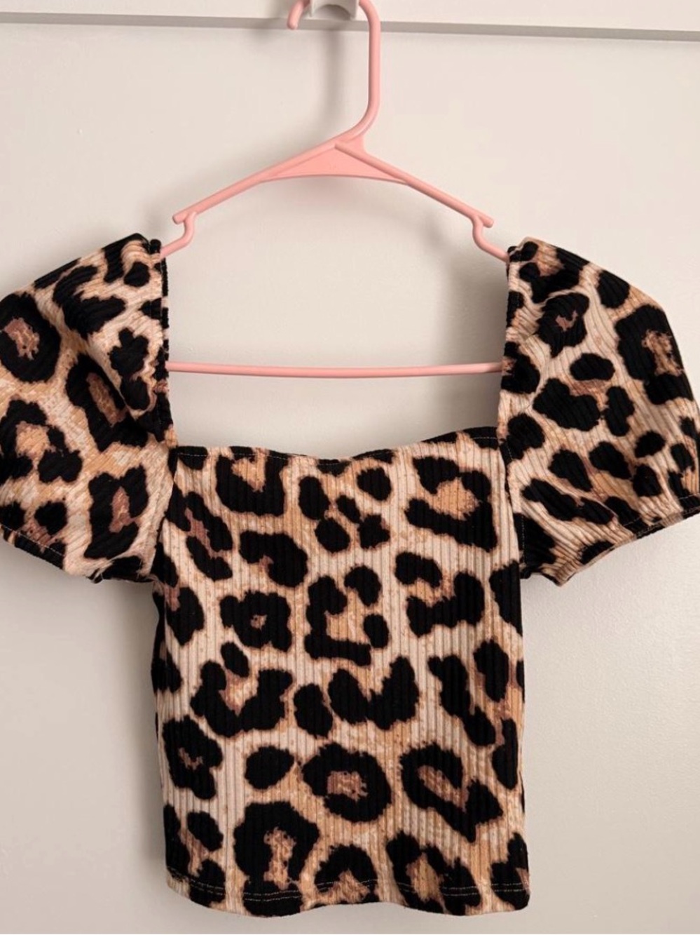 H&M Leopard Print Square Neck Puff Sleeve Crop Top - Tan & Black